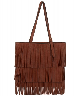 Western Fringe Shopper Flat Tote JY0390 BROWN